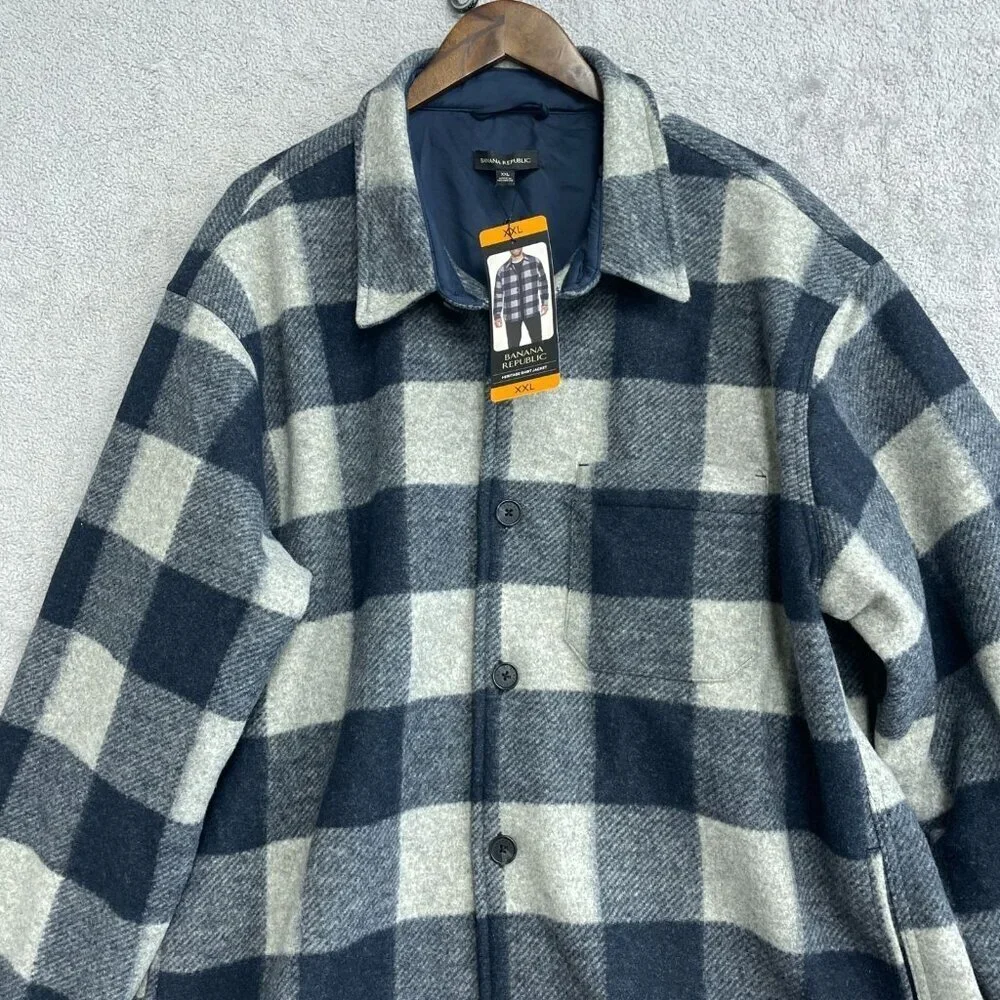 NEW Banana Republic Men's XXL Heritage Shirt Jacket Blue/Gray Plaid Polyester